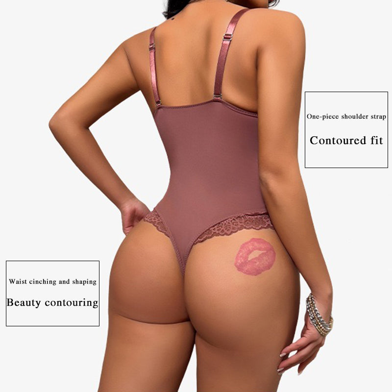 Deep v-neck lace bodysuit shapewear – tummy control & butt lift