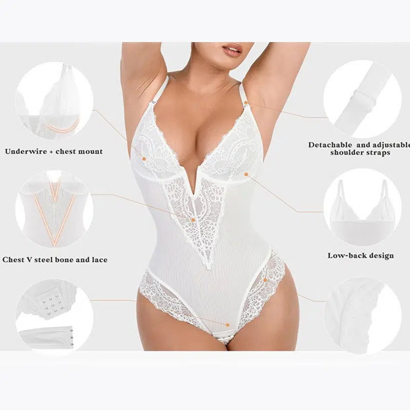 Deep v-neck lace bodysuit shapewear – tummy control & butt lift