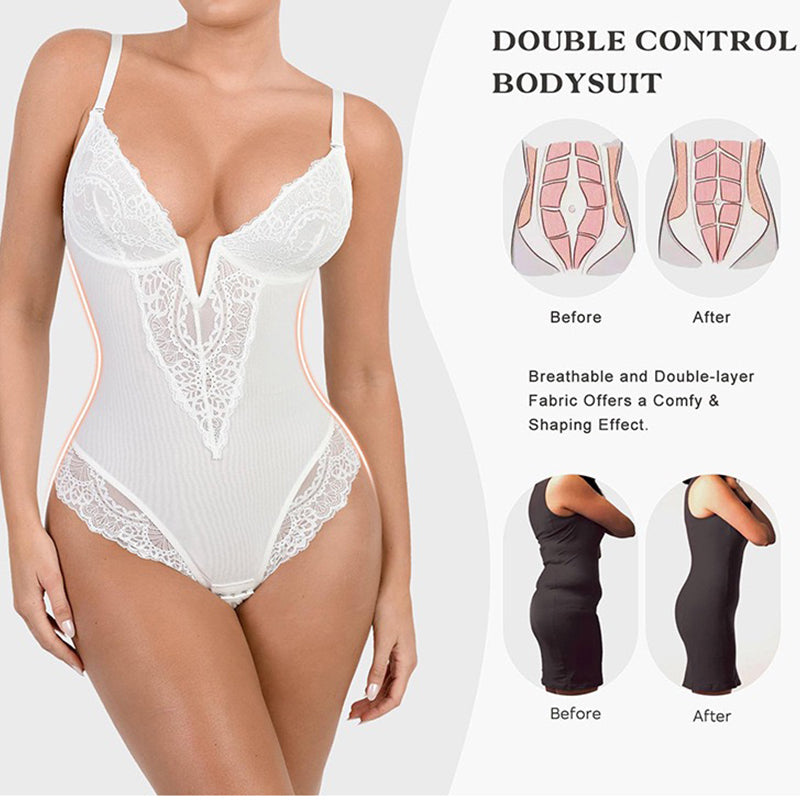 Deep v-neck lace bodysuit shapewear – tummy control & butt lift