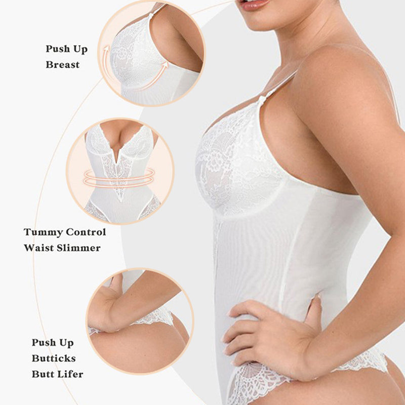 Deep v-neck lace bodysuit shapewear – tummy control & butt lift